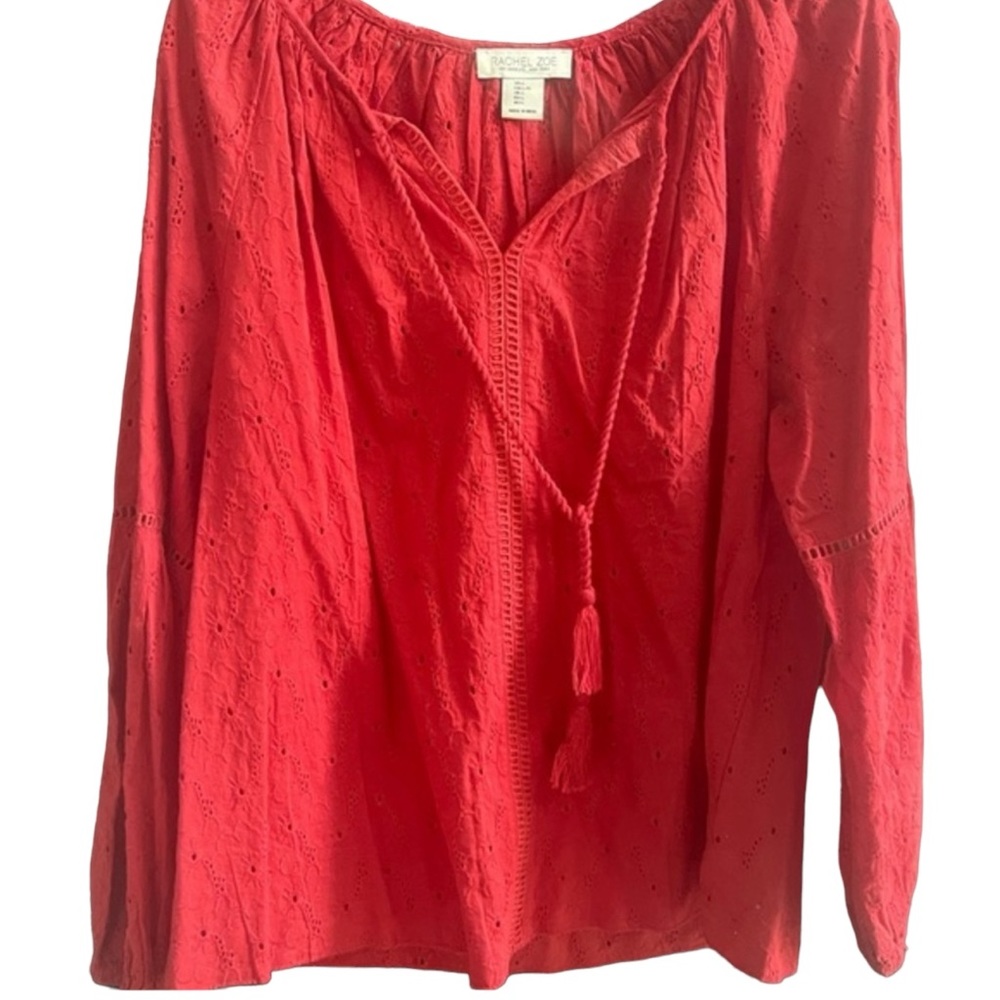 RACHEL ZOE Crimson Red Eyelet Top‎ Longsleeve Coastal Preppy Size LARGE